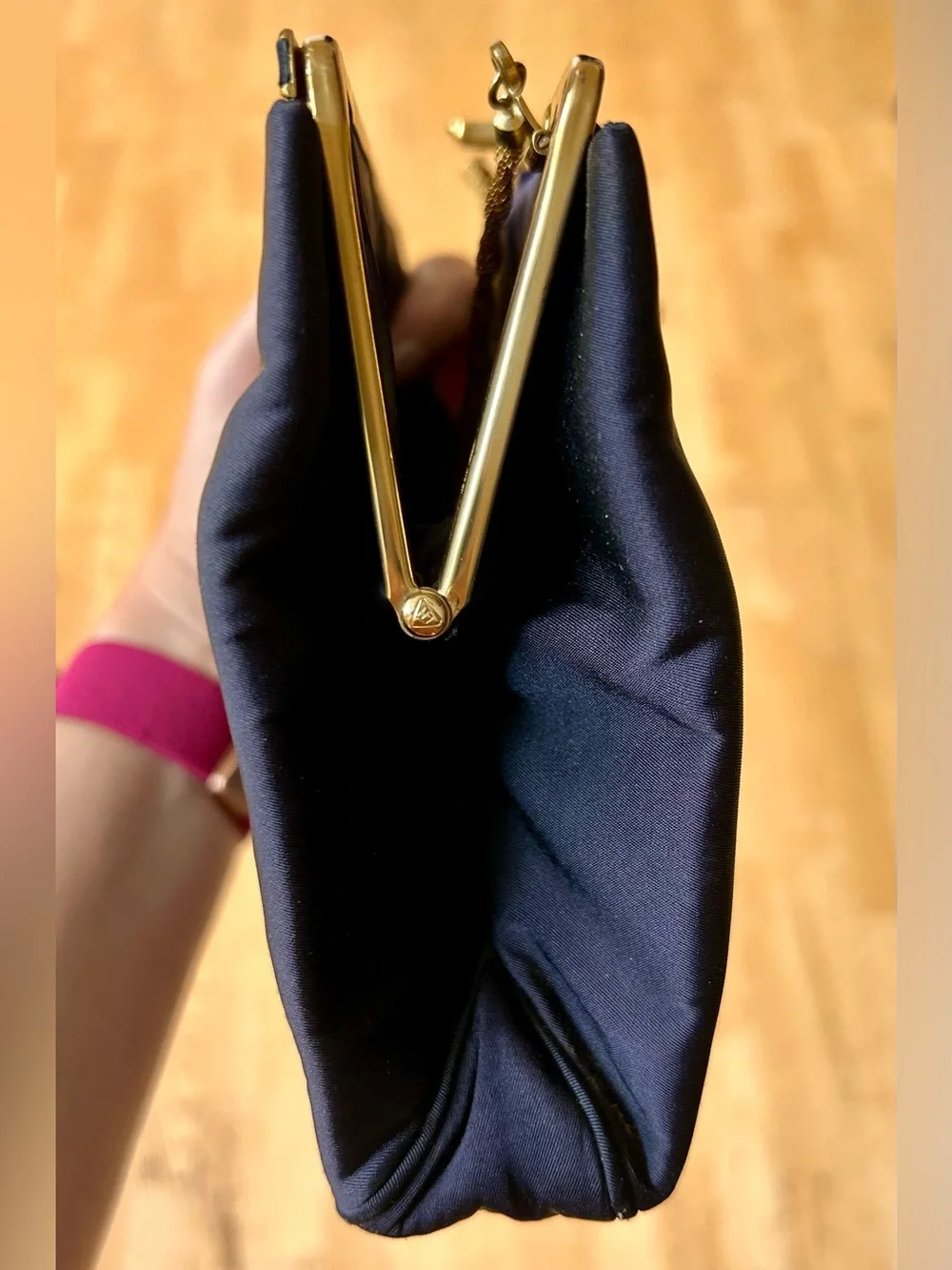 Vintage Twifaille by Rosenfeld Navy Satin Evening Clutch with Gold Chain Handle